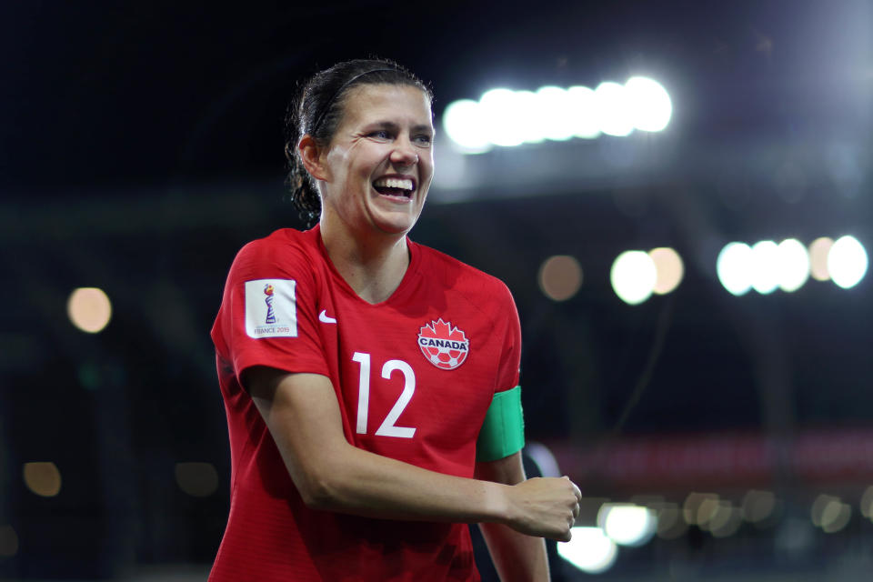 GRENOBLE, FRANCE - JUNE 15:    Christine Sinclair of Canada celebrates following her sides victory in the 2019 FIFA Women's World Cup France group E match between Canada and New Zealand at Stade des Alpes on June 15, 2019 in Grenoble, France. (Photo by Naomi Baker - FIFA/FIFA via Getty Images)