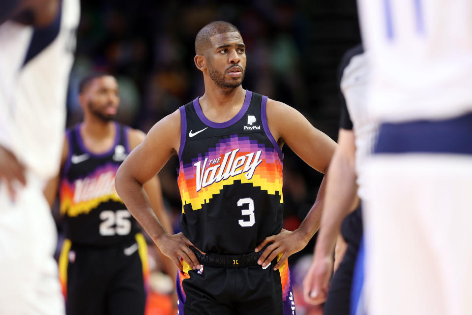 PHOENIX, ARIZONA - MAY 15: Chris Paul #3 of the Phoenix Suns reacts during the third quarter against the Dallas Mavericks in Game Seven of the 2022 NBA Playoffs Western Conference Semifinals at Footprint Center on May 15, 2022 in Phoenix, Arizona. NOTE TO USER: User expressly acknowledges and agrees that, by downloading and/or using this photograph, User is consenting to the terms and conditions of the Getty Images License Agreement. (Photo by Christian Petersen/Getty Images)