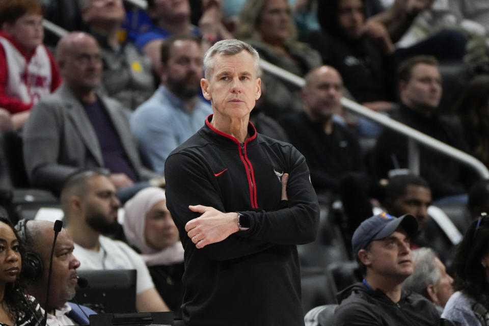 Chicago Bulls head coach Billy Donovan watches against the Detroit Pistons in the first half of an NBA basketball game in Detroit, Thursday, April 11, 2024. (AP Photo/Paul Sancya)