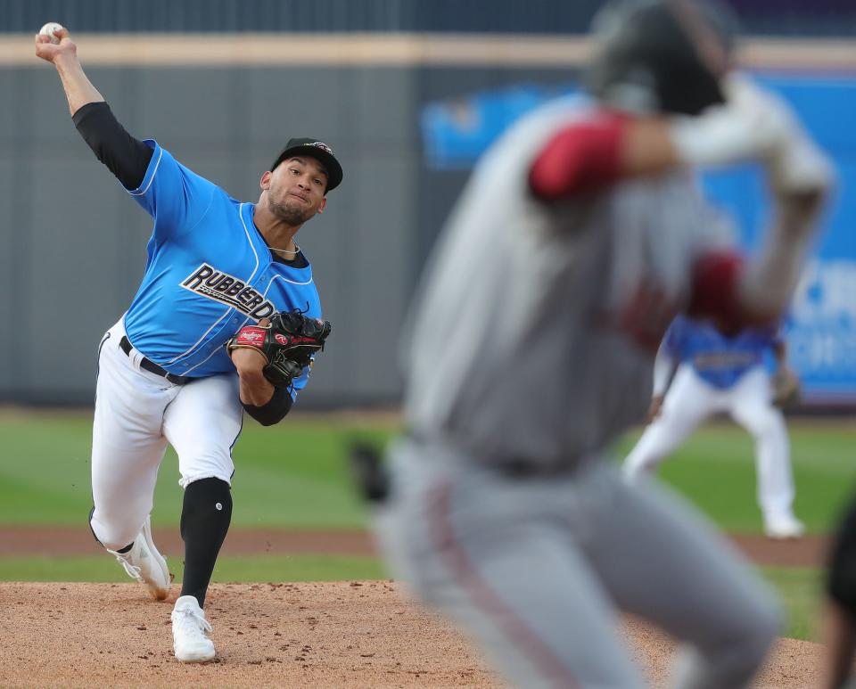 Akron RubberDucks starting pitcher Daniel Espino throws against the Altoona Curve during the first inning of a MiLB baseball game at Canal Park on Friday.