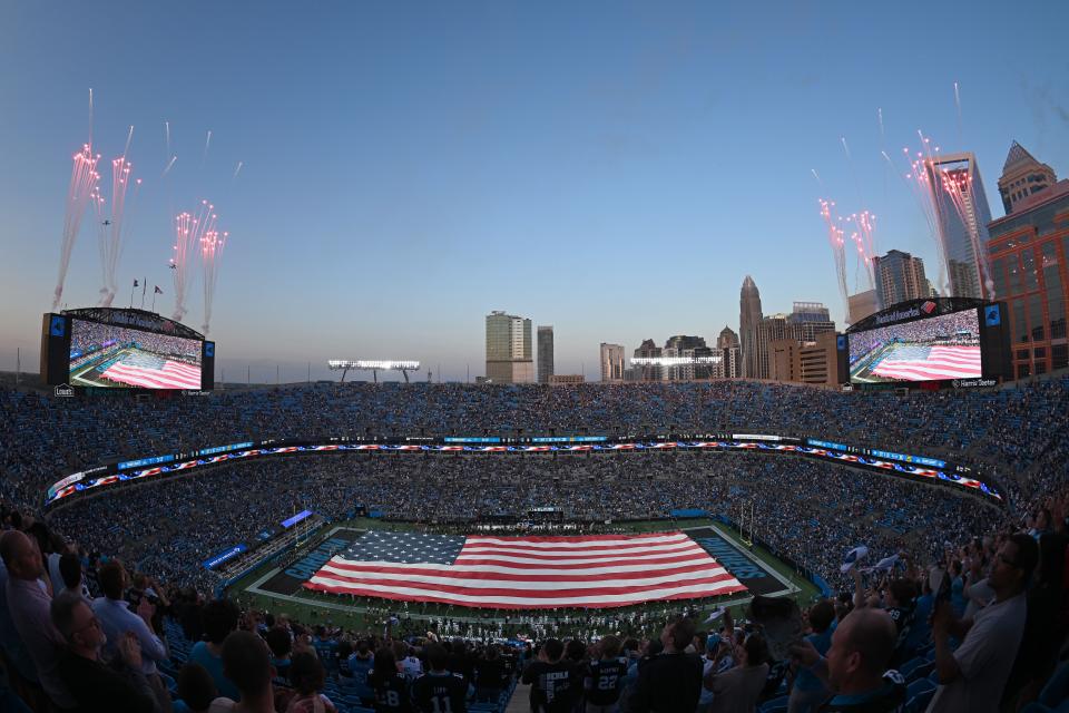 CHARLOTTE, NORTH CAROLINA - SEPTEMBER 18: A general view of the stadium is seen with a giant American flag on the field prior to the game between the New Orleans Saints and the Carolina Panthers at Bank of America Stadium on September 18, 2023 in Charlotte, North Carolina. (Photo by Grant Halverson/Getty Images)