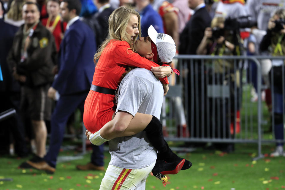 Patrick Mahomes and Brittany Matthews celebrate after February's Super Bowl win. (Andy Lyons/Getty Images)