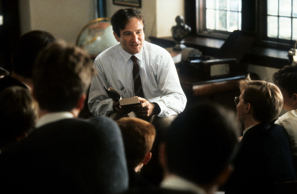 Robin Williams teaching a class in a scene from the film 'Dead Poets Society', 1989. (Photo by Touchstone Pictures/Getty Images)