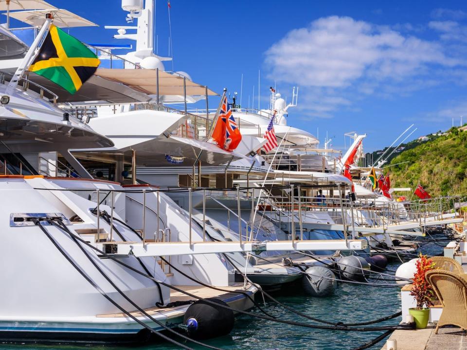 Yachts lined up in Gustavia, Saint Barthélemy.