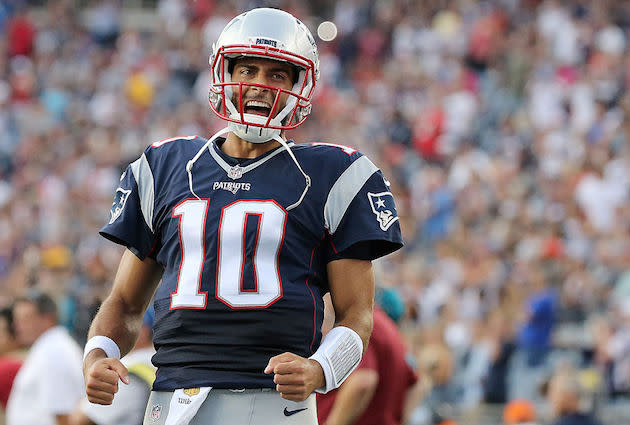 Garoppolo has completed 71.1 percent of his passes in two games. (Getty)