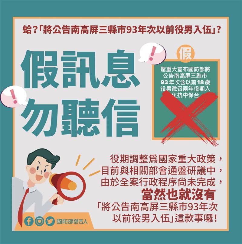 國防部駁斥「南高屏93年次以前役男當2年兵」的消息。（圖／翻攝自國防部發言人臉書）