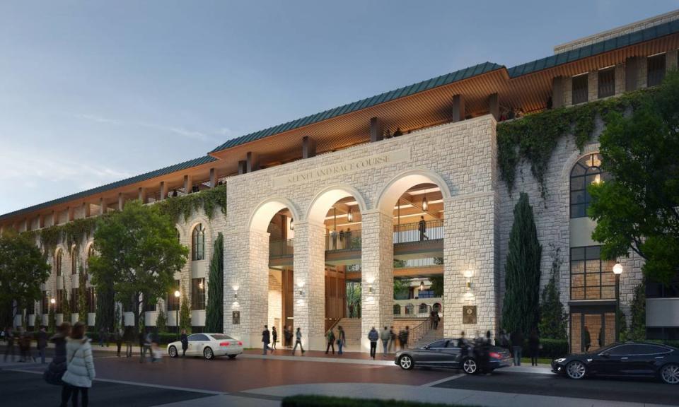 A rendering of the paddock building entrance as it will appear after the $93 million renovation at Keeneland that will add a new dining, seating and venue area wrapping around the paddock and saddling stalls.