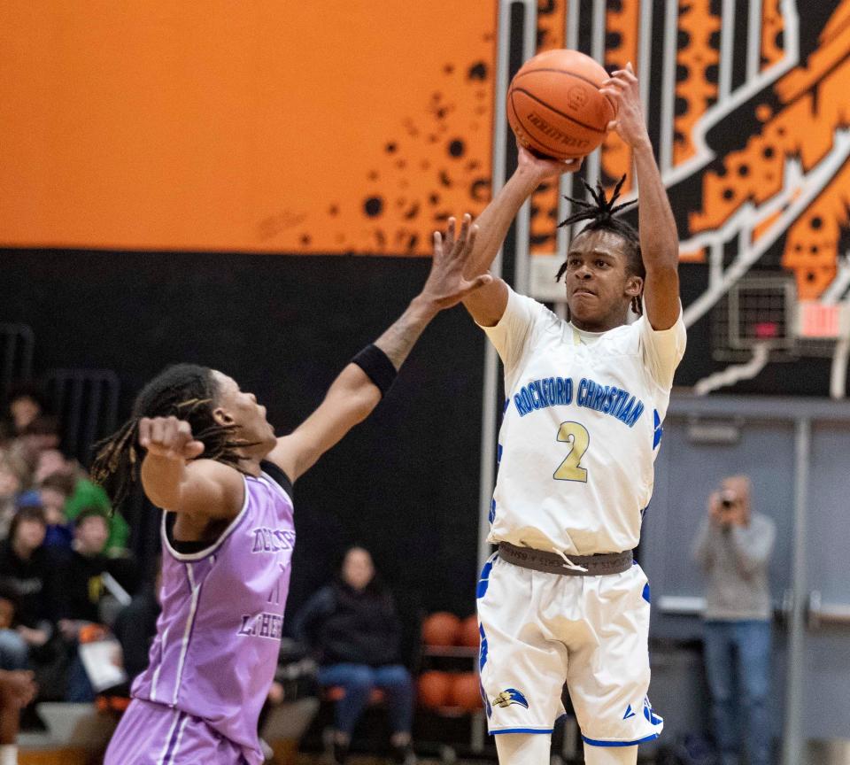 Christian Cummings takes a shot against Lutheran during the IHSA Winnebago Regional title game on Friday, Feb. 23, 2024, in Winnebago.