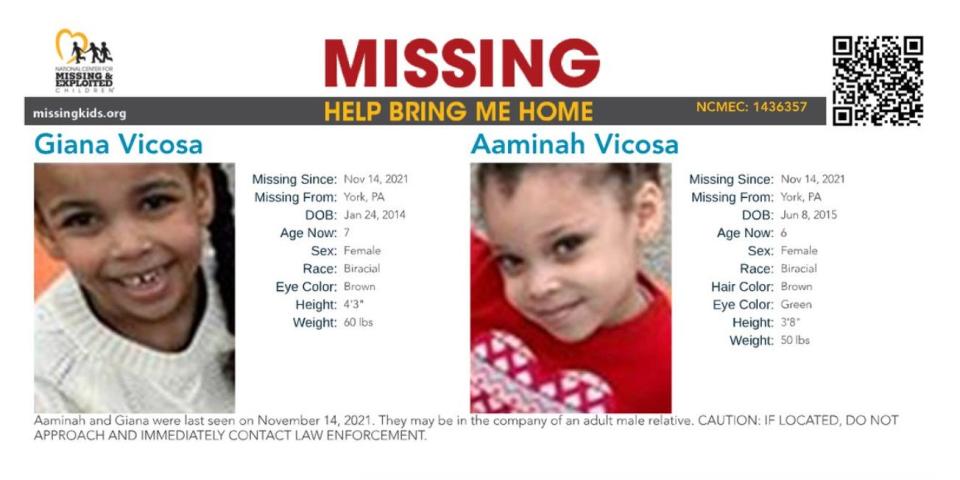 Giana Vicosa, left, and Aaminah Vicosa in a missing children poster at the time.