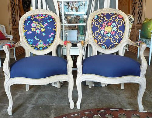 Reupholster vintage furniture with luxurious scarves. These chairs were reupholstered with vintageâ€¦