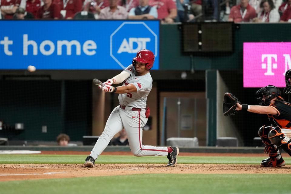 Feb 24, 2024; Arlington, TX, USA; Oklahoma plays Arkansas during the Kubota College Baseball Series - Weekend 2 at Globe Life Field. Mandatory Credit: Jim Cowsert-USA TODAY Sports