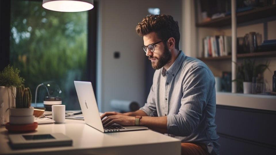 An entrepreneur focused on a laptop in a home office, illustrating the small business concept.