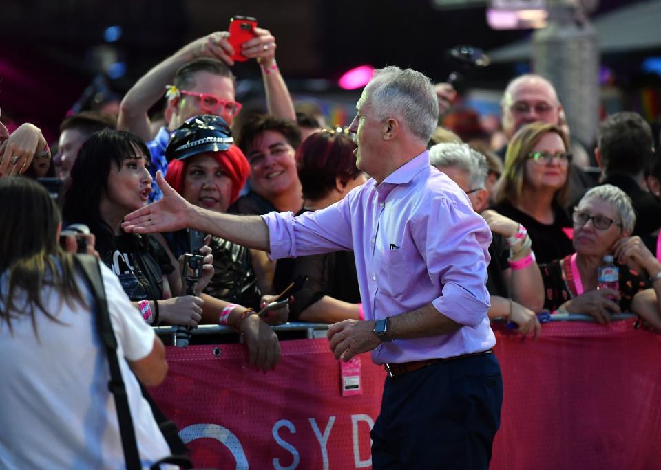 Australia Prime Minister Malcolm Turnbull meets participants and spectators at the Mardi Gras. (Photo: SAEED KHAN via Getty Images)