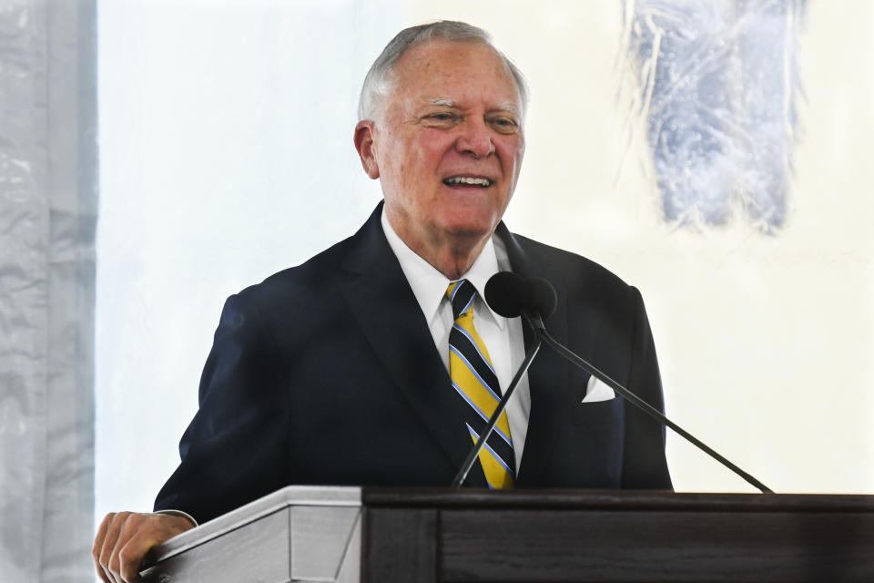 FILE - In this Tuesday, Feb. 11, 2020, file photo, former Georgia Gov. Nathan Deal speaks during a dedication of the state's new Nathan Deal Judicial Center, in Atlanta. Republicans have criticized a push by some Democrats to expand the number of seats on the U.S. Supreme Court, but their tune has changed when it comes to the highest courts at the state level. In 2016, Deal signed into law measures expanding the number of seats on the Georgia state Supreme Court. (AP Photo/John Amis, File)