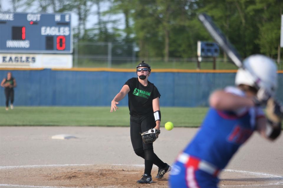 New Castle junior Madi Moffitt pitched a complete game and hit two home runs against Jay County in the first round of softball sectionals at Delta High School on Tuesday, May 24, 2022.