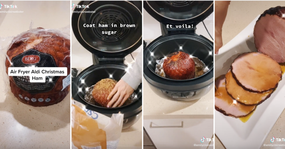 Step by step pictures from TikTok video of glazed ham being cooked in an air fryer and then served sliced.