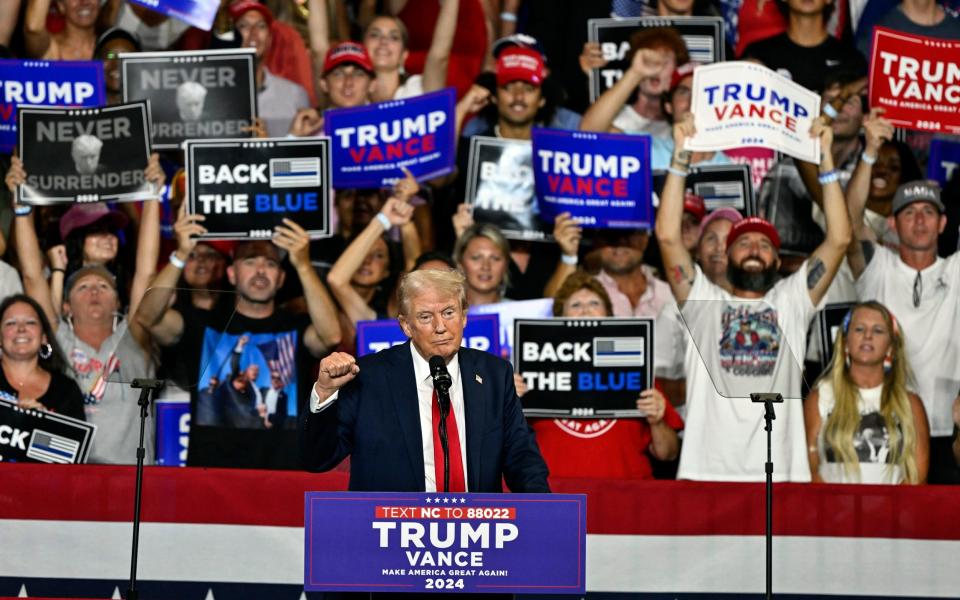 Donald Trump in front of supporters at a campaign rally in North Carolina Wednesday night