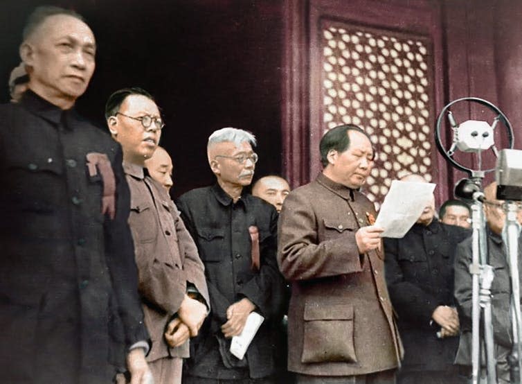 <span class="caption">Mao Zedong proclaiming the People’s Republic of China on October 1, 1949.</span> <span class="attribution"><a class="link " href="https://upload.wikimedia.org/wikipedia/commons/8/85/Mao_Proclaiming_New_China.JPG" rel="nofollow noopener" target="_blank" data-ylk="slk:Orihara1 via Wikimedia Commons;elm:context_link;itc:0;sec:content-canvas">Orihara1 via Wikimedia Commons</a>, <a class="link " href="http://creativecommons.org/licenses/by-sa/4.0/" rel="nofollow noopener" target="_blank" data-ylk="slk:CC BY-SA;elm:context_link;itc:0;sec:content-canvas">CC BY-SA</a></span>