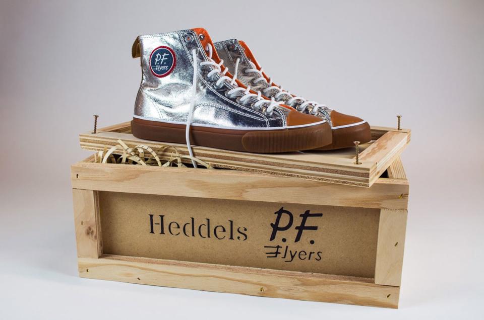 Heddels and PF Flyers' Mercury All American sneakers are made from aluminized nylon, nickel alloy and parachute cord, among other materials original to the Mercury spacesuits and capsule. <cite>Heddels</cite>