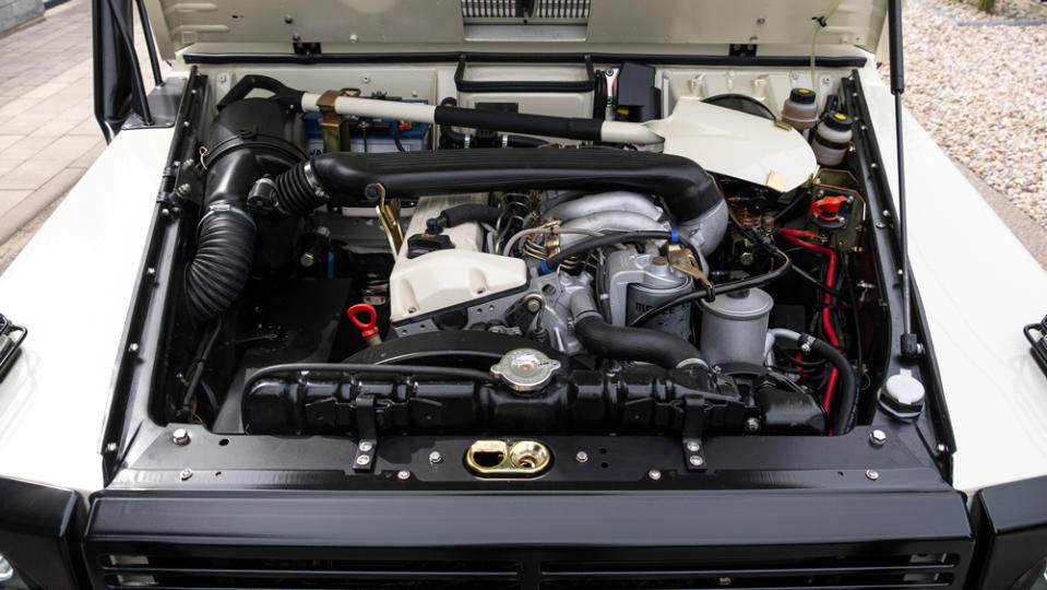 The 2.5-liter inline-five diesel engine under the hood of "The White Wolf," a 1990 Mercedes-Benz 250GD restomod from Expedition Motor Company.