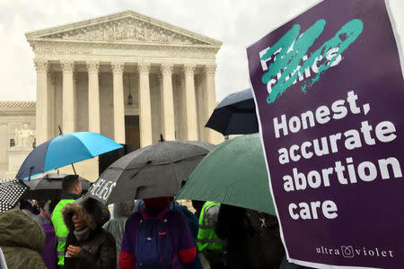 Supporters of a California law, requiring anti-abortion pregnancy centers to post signs notifying women of the availability of state-funded contraception and abortion, hold a rally in front of the U.S. Supreme Court in Washington, U.S., March 20, 2018. REUTERS/Andrew Chung