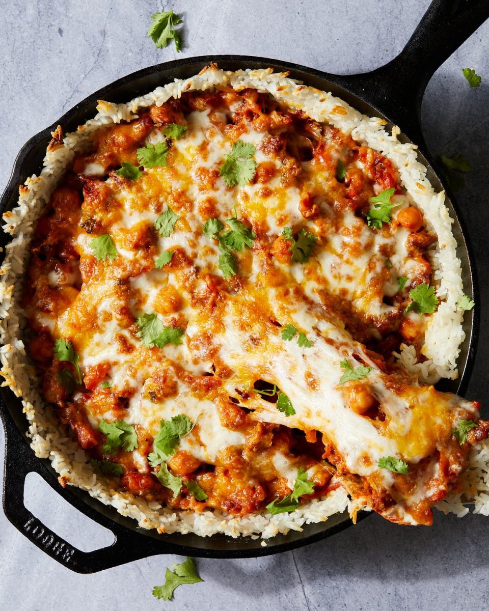 Cheesy Chorizo, Chickpea & Crispy Rice Skillet