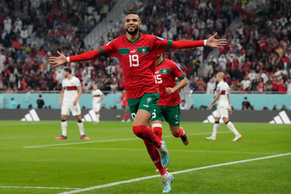 Morocco's Youssef En-Nesyri celebrates after scoring (AP)