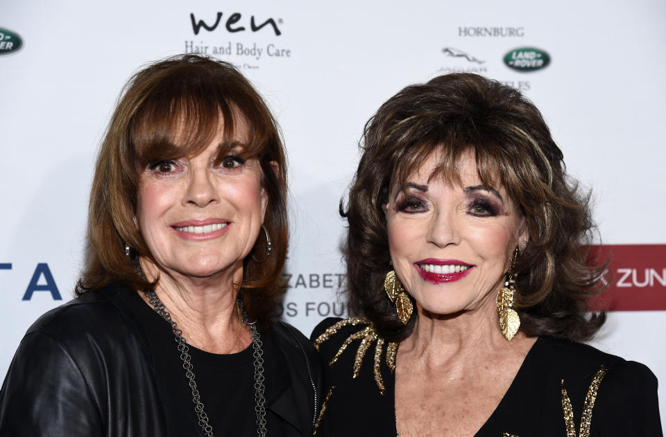 Linda Gray and Dame Joan Collins arrive at a cocktail reception benefiting The Elizabeth Taylor AIDS Foundation at the Mark Zunino Atelier on November 07, 2019 in Beverly Hills, California.