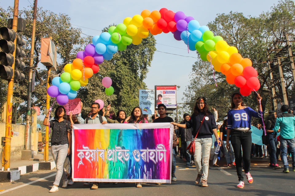 GUWAHATI, ASSAM, INDIA - 2018/02/11: 5th QUEER PRIDE Walk March through the streets to reclaim space for Lesbian, Gay, Bisexual, Transgender, Queer, Inter-sexes and Asexual persons. It is a struggle for assertion of marginalized identities and claiming rights for LGBTQ persons. (Photo by David Talukdar/Pacific Press/LightRocket via Getty Images)