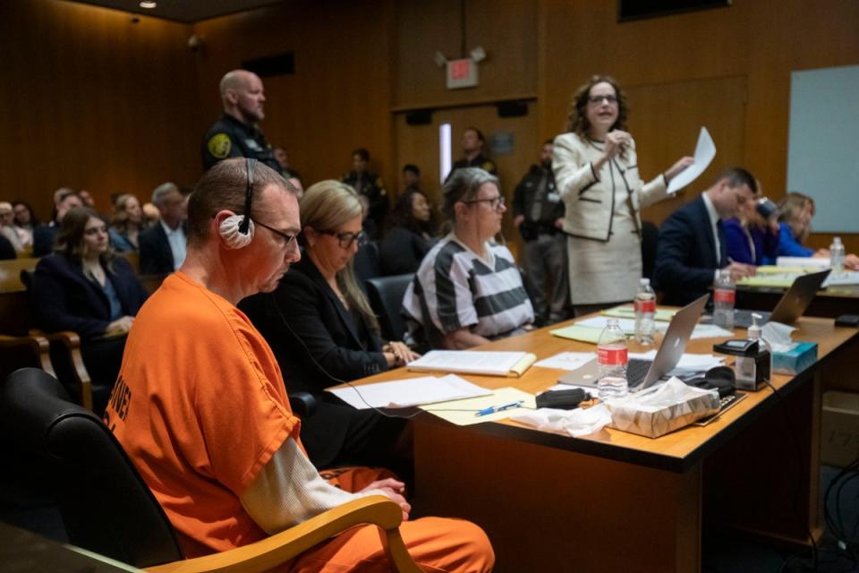 James Crumbley, his attorney Mariell Lehman, Jennifer Crumbley, and her attorney Shannon Smith, sit in court for sentencing on four counts of involuntary manslaughter for the deaths of four Oxford High School students who were shot and killed by the Crumbley parents' son, on April 9, 2024 at Oakland County Circuit Court in Pontiac, Michigan (Getty Images)