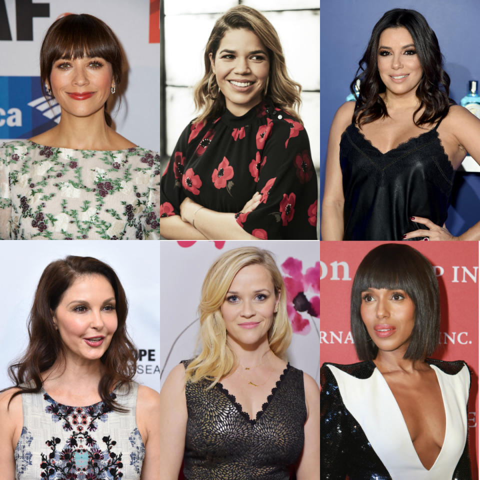 Time's Up members include Rashida Jones (top left), America Ferrera (top middle), Eva Longoria (top right), Ashley Judd (bottom left), Reese Witherspoon (bottom middle), and Kerry Washington (bottom right). (Photo: Getty/HuffPost)