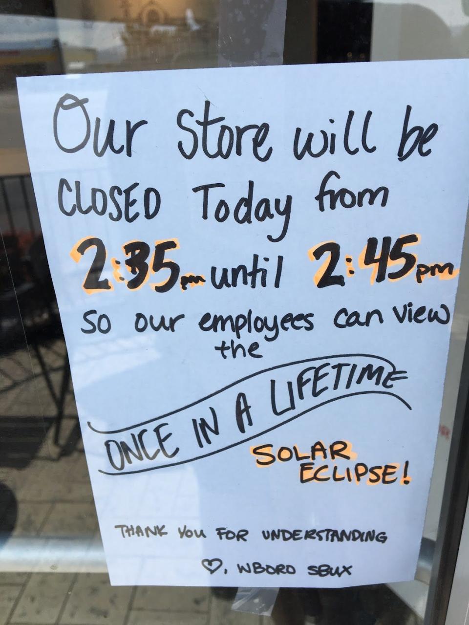A Starbucks closed for 10 minutes in 2017 so its employees could watch the partial solar eclipse, a "once in a lifetime" event.