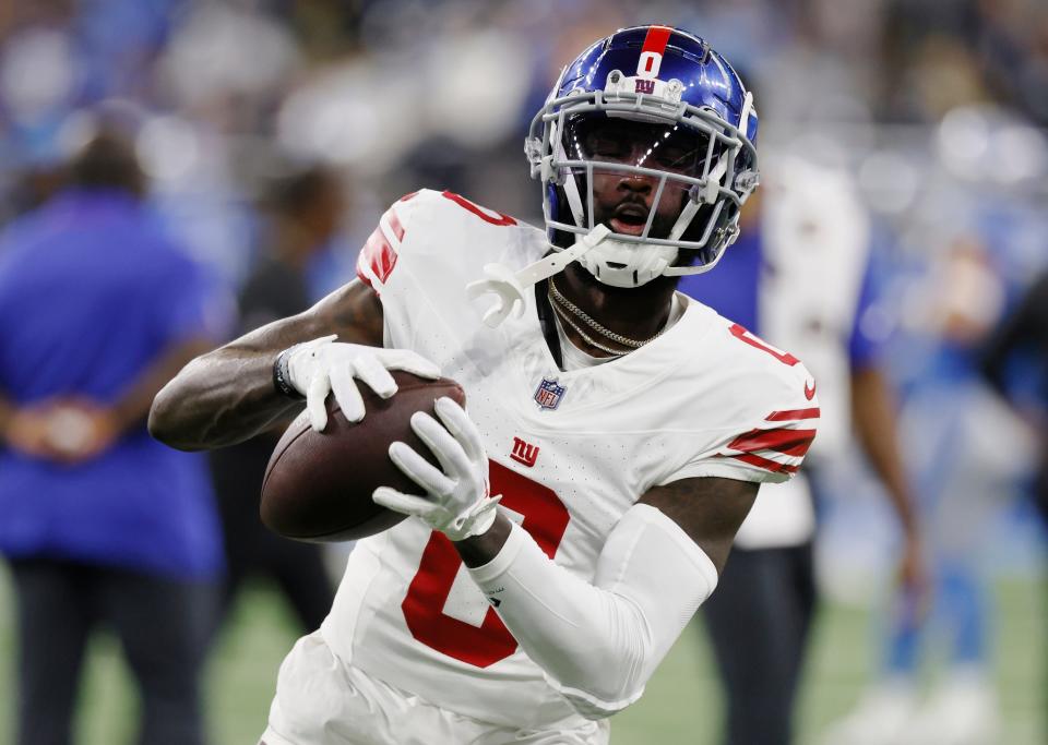 New York Giants wide receiver Parris Campbell (0) before a preseason game against the Detroit Lions on Aug. 11 in Detroit.