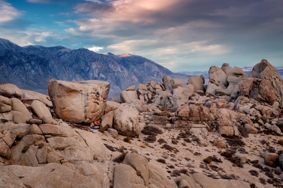 Santella says Bishop, California, offers a "good mix and stunning scenery with crazy oversized granite boulders and the snowcapped Sierra in the background."