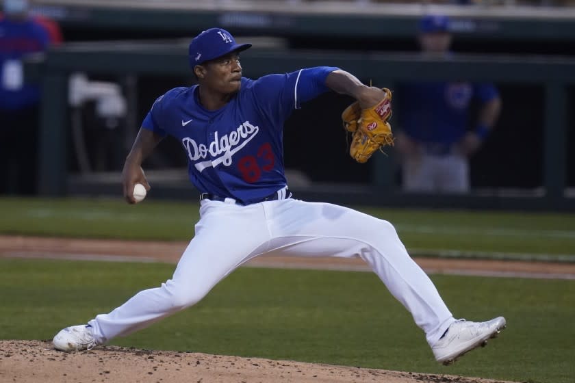 Los Angeles Dodgers pitcher Josiah Gray throws a pitch against the Chicago Cubs.