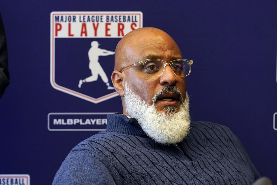 FILE - Major League Baseball Players Association Executive Director Tony Clark answers a question at a press conference in New York, Friday, March 11, 2022. Major League Baseball Players Association head Tony Clark is confident that at least 30% of minor league players will sign recently distributed union authorization cards in the coming days and weeks, paving the way for thousands more players to potentially join the organization. (AP Photo/Richard Drew, File)