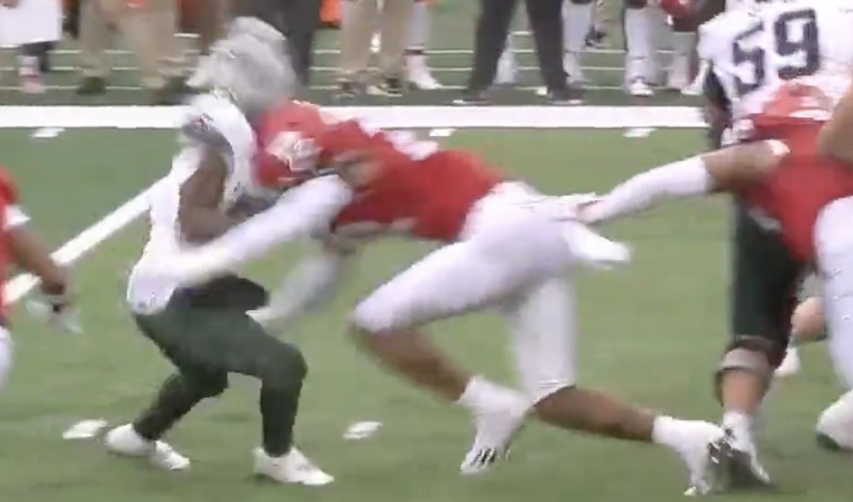 Rutgers LB Tyreem Powell was called for targeting on this hit. (via Big Ten Network)