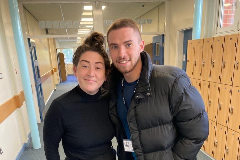 Jack Walker is a former student at Brigshaw and current Hull KR player, pictured here visiting Brigshaw High School staff (Photo: Contributed)