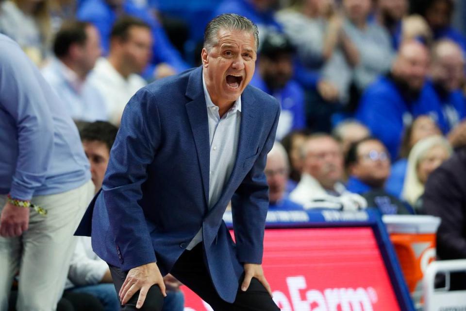 Kentucky head coach John Calipari calls to his players during his team’s game against Stonehill College at Rupp Arena on Nov. 17.