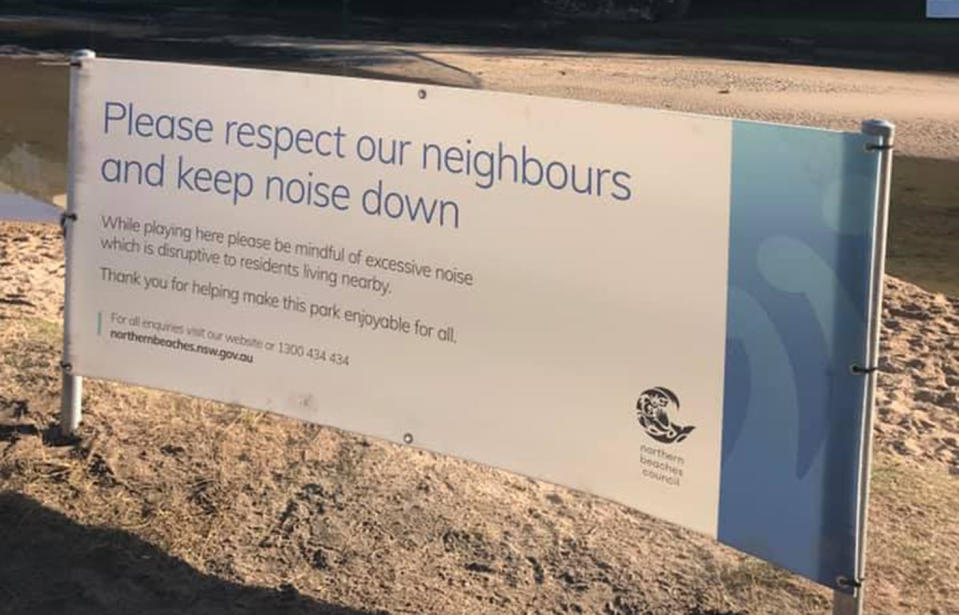 A Northern Beaches Council sign warned children against making 'excessive noise' while playing, but has since been removed. Source:  Martijn Timmer / Facebook