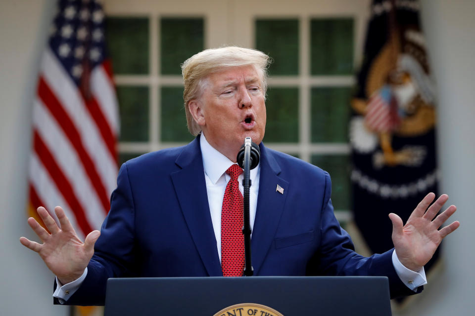 U.S. President Donald Trump speaks during a news conference in the Rose Garden of the White House in Washington, U.S., March 29, 2020. REUTERS/Al Drago