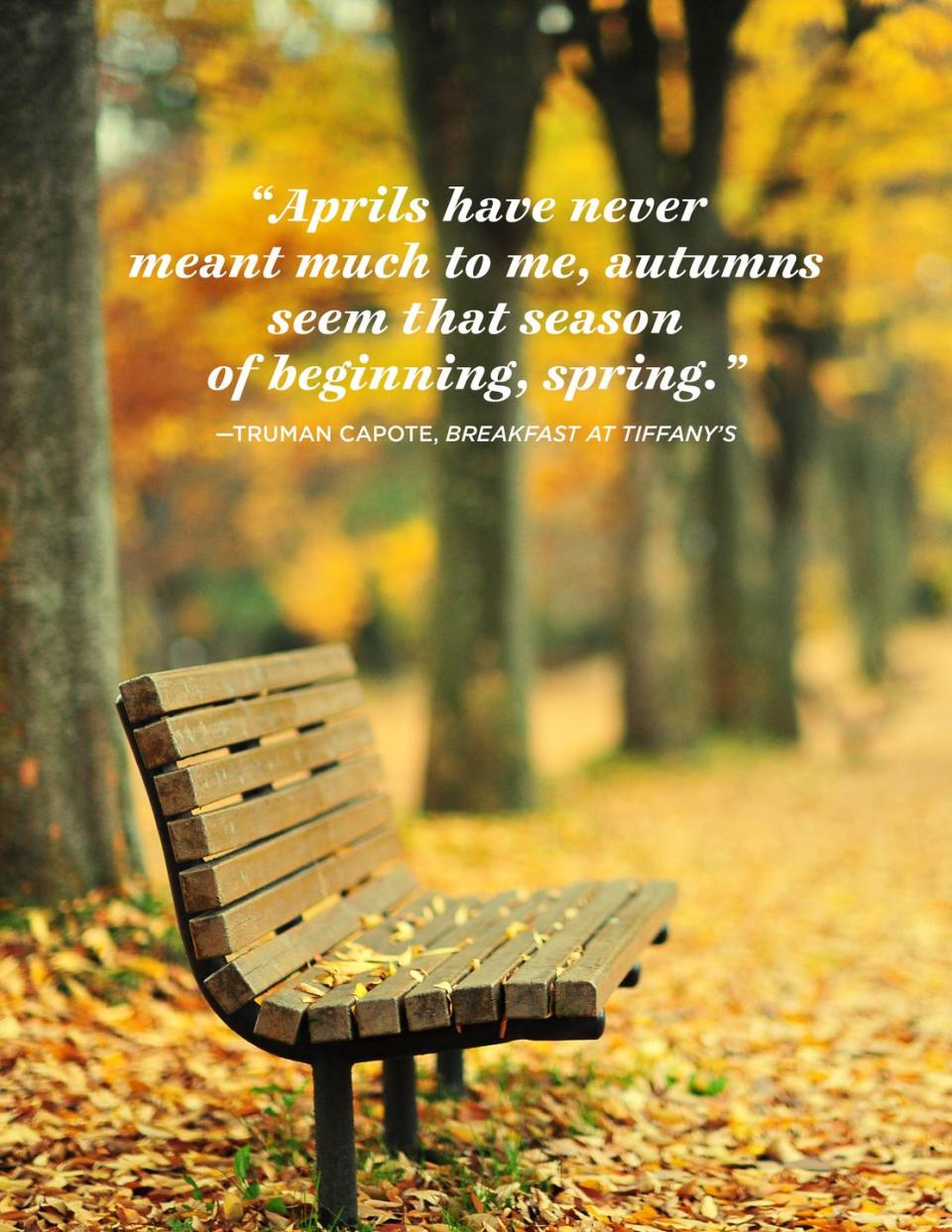 <p>“Aprils have never meant much to me, autumns seem that season of beginning, spring.”</p>