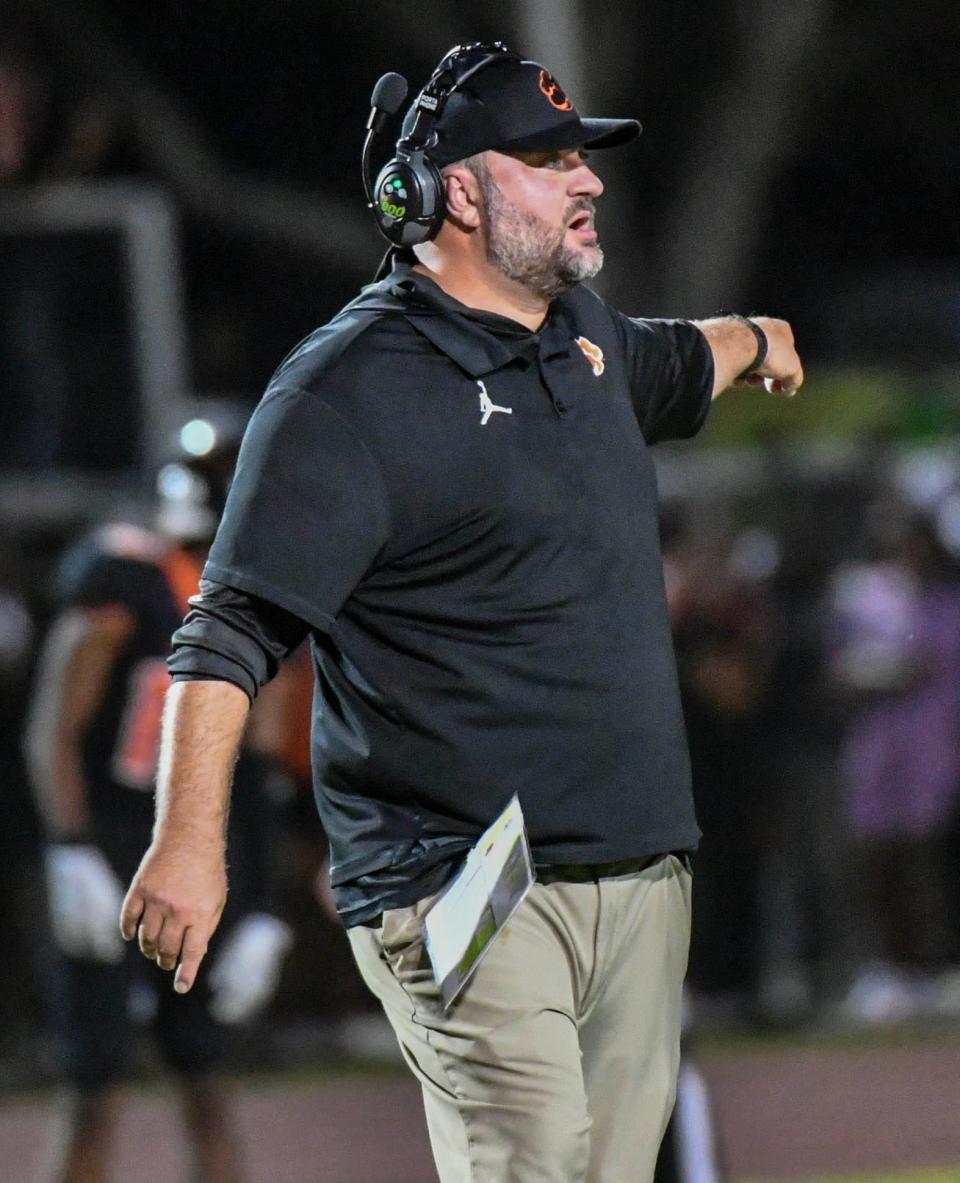 Cocoa football head coach Ryan Schneider yells out instructions during the game against Rockledge Friday, November 4, 2022. Craig Bailey/FLORIDA TODAY via USA TODAY NETWORK