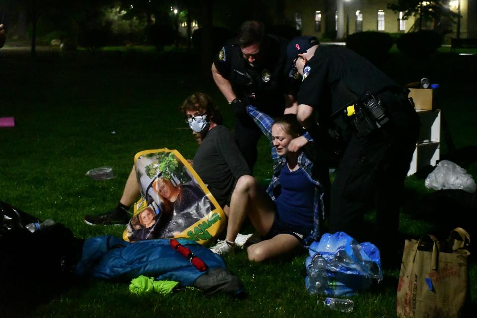 A group of University of Notre Dame students conducts a pro-Palestinian protest Thursday, May 2, 2024, on campus. Ultimately, Notre Dame Police arrested 17 people for criminal trespass after failing to disperse, following university rules.