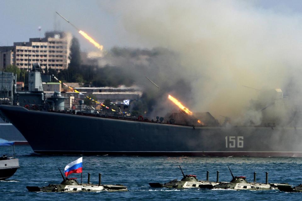 The Yamal, a Ropucha-class landing ship of the Russian Navy, fires rockets