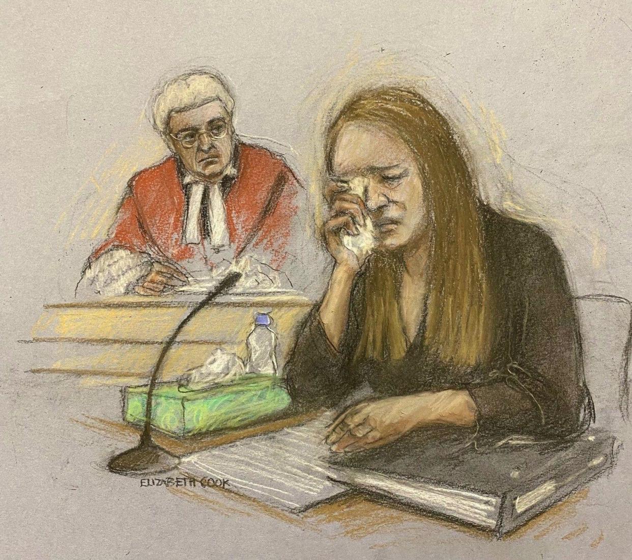 Court artist sketch by Elizabeth Cook of Lucy Letby giving evidence in the dock at Manchester Crown Court where she is charged with the murder of seven babies and the attempted murder of another ten, between June 2015 and June 2016 while working on the neonatal unit of the Countess of Chester Hospital.