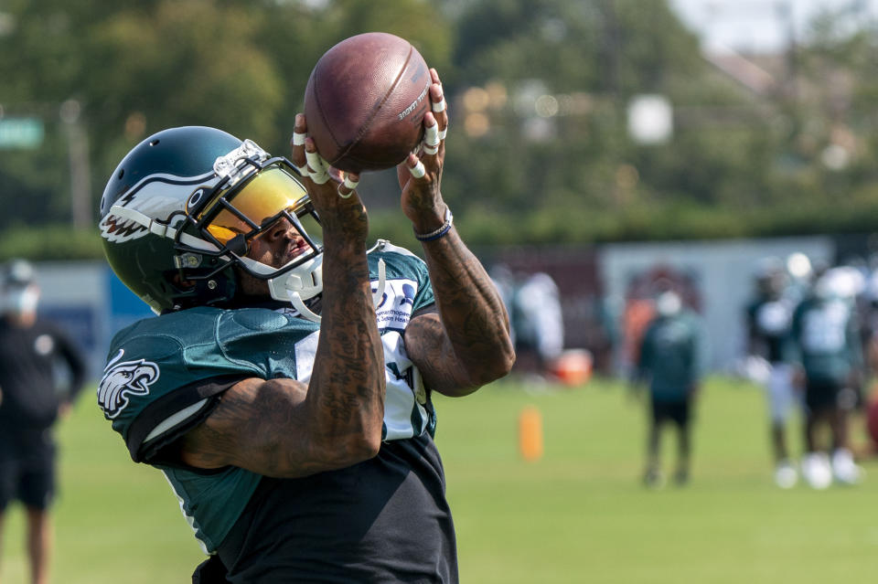 Philadelphia Eagles wide receiver DeSean Jackson catches the ball during an NFL football practice, Thursday, Aug. 27, 2020, in Philadelphia. (AP Photo/Chris Szagola, Pool)