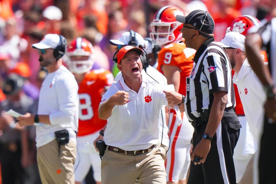 Clemson Tigers head coach Dabo Swinney reacts to a call on the field in the first half against the Florida State Seminoles at Memorial Stadium.