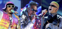 J Balvin performs during the Coca-Cola Flow Reggaeton festival in Mexico City on Nov. 23, 2019, from left, Ozuna performs at the Latin American Music Awards in Los Angeles on Oct. 17, 2019 and Bad Bunny performs a medley at the Billboard Latin Music Awards in Las Vegas on April 25, 2019. Balvin scored a whopping 13 nominations at the 2020 Latin Grammys, including two nominations for album of the year and two for record of the year. The Latin Academy announced Tuesday that Bad Bunny and Ozuna are behind Balvin with nine and eight nominations, respectively. (AP Photo)