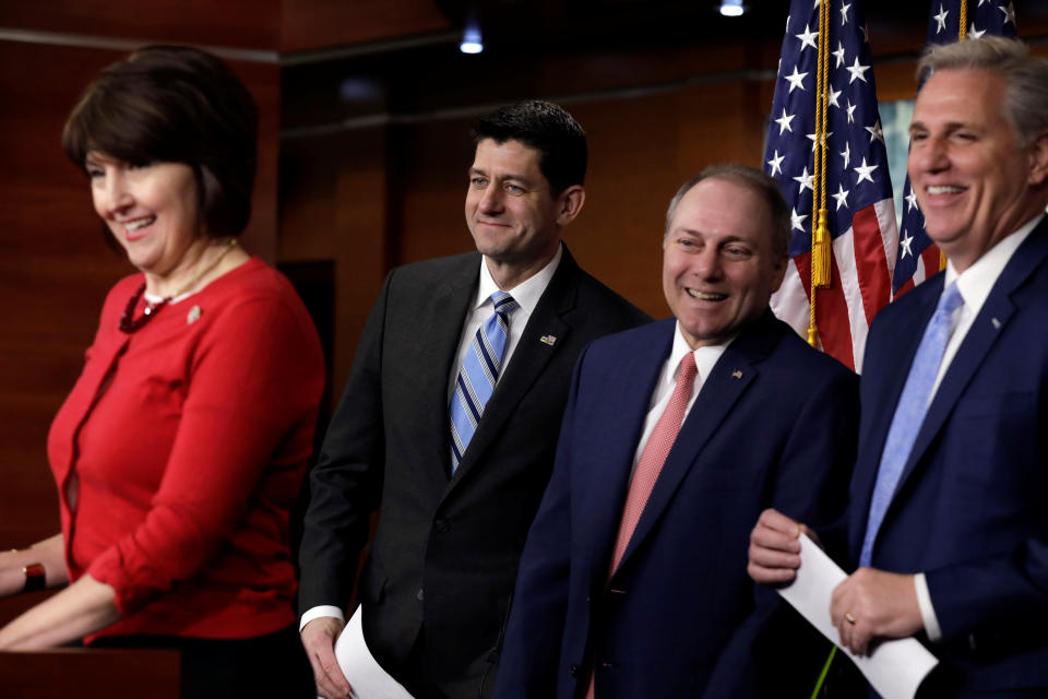 Rep. Cathy McMorris Rodgers, R-Wash., House Speaker Paul Ryan, R-Wisc., House Majority Whip Steve Scalise, R-La., and House Majority Leader Kevin McCarthy, R-Calif., attend a February 2018 news conference after a closed conference on Capitol Hill. (Photo: Yuri Gripas/Reuters)